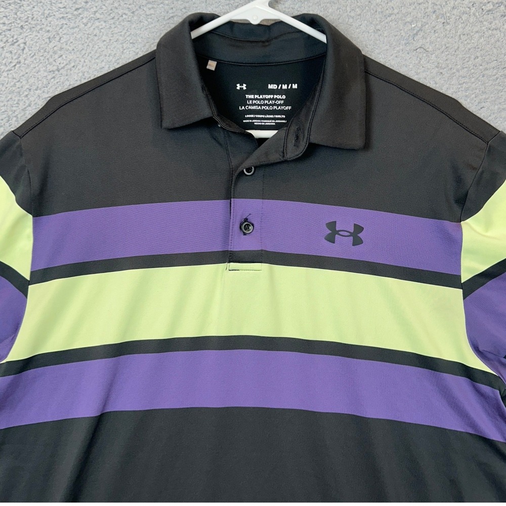 Under Armour Playoff Polo Shirt Mens Medium Black Purple Green Colorblock Golf